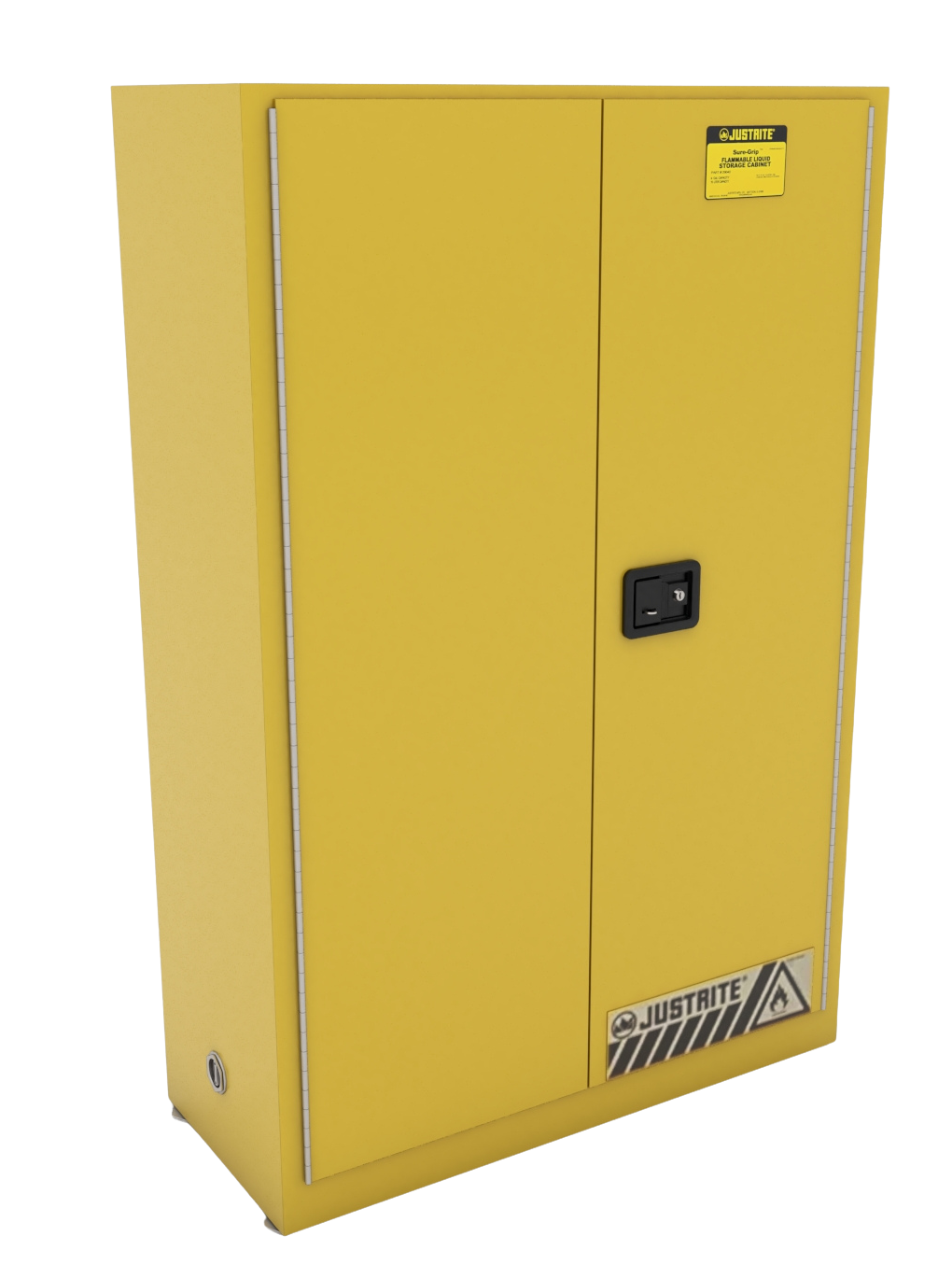 Gabinete de seguridad Justrite amarillo para sustancias inflamables, con doble puerta de auto-cierre y capacidad para 45 galones, certificado FM y cumple OSHA